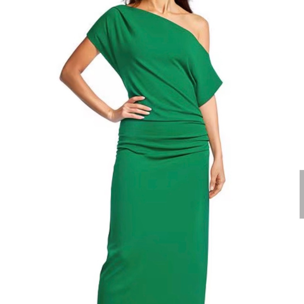 Gibson Latimer blue crepe asymmetric neck midi dress size L - Picture 5 of 5
